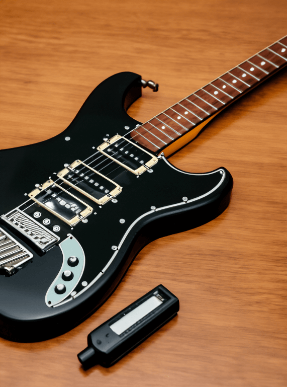 A guitar laid flat while it's being tuned