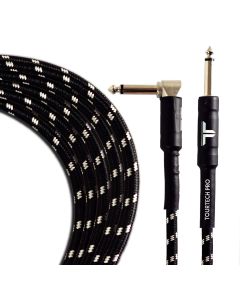Coiled view of a TOURTECH Pro Straight to Angled Braided Black and Grey 10ft Guitar Cable