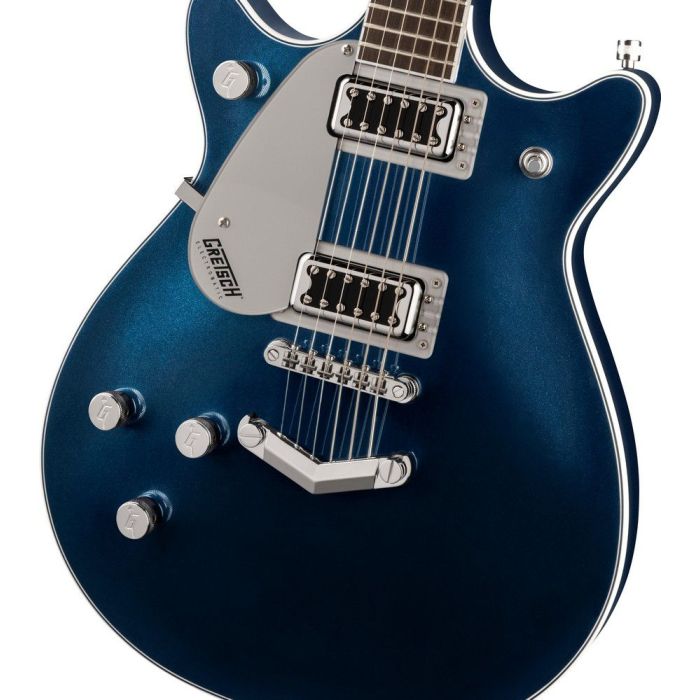 Gretsch G5232LH Electromatic Double Jet FT with V Stoptail Left Handed IL Midnight Sapphire, body closeup