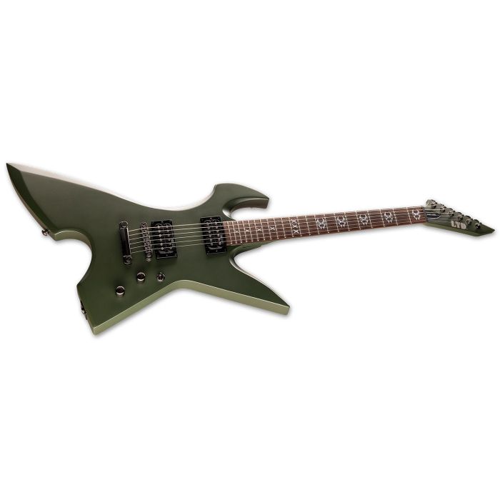 Right angled view of an ESP LTD MAX-200 Max Cavalera Signature Military Green Satin