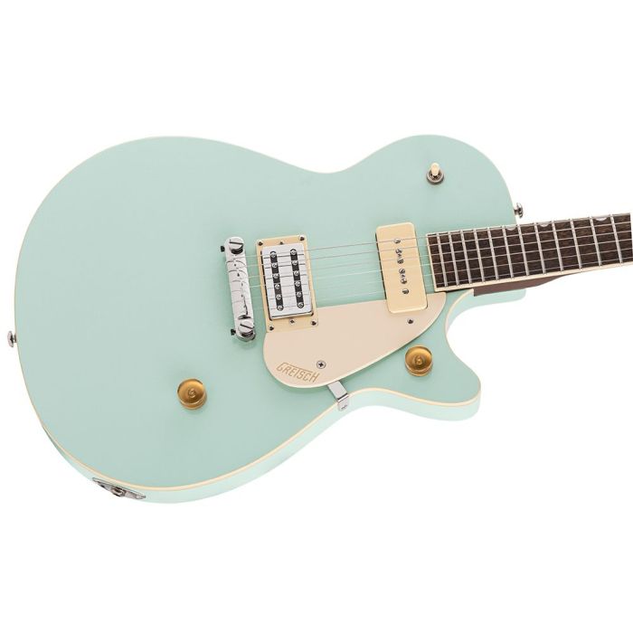 Closeup of the body on a Gretsch G2215-P90 Streamliner JR Jet Club, Mint Metallic