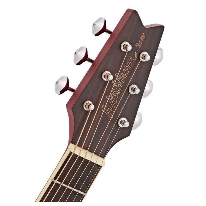 Headstock close up of the Washburn RO10 Rover Acoustic Trans Red