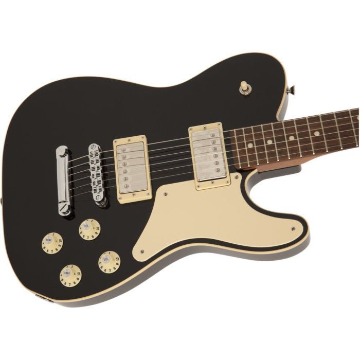 Closeup of the body on a Fender MIJ Troublemaker Telecaster Guitar, Black