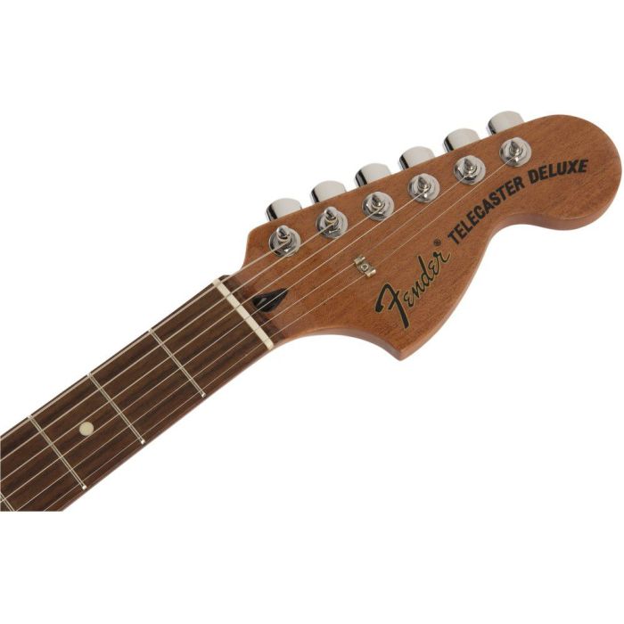 Front view of the headstock on a Fender MIJ Troublemaker Telecaster Guitar, Black