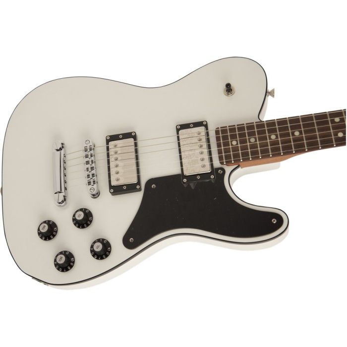 Closeup of the body on a Fender MIJ Troublemaker Telecaster Guitar, Arctic White