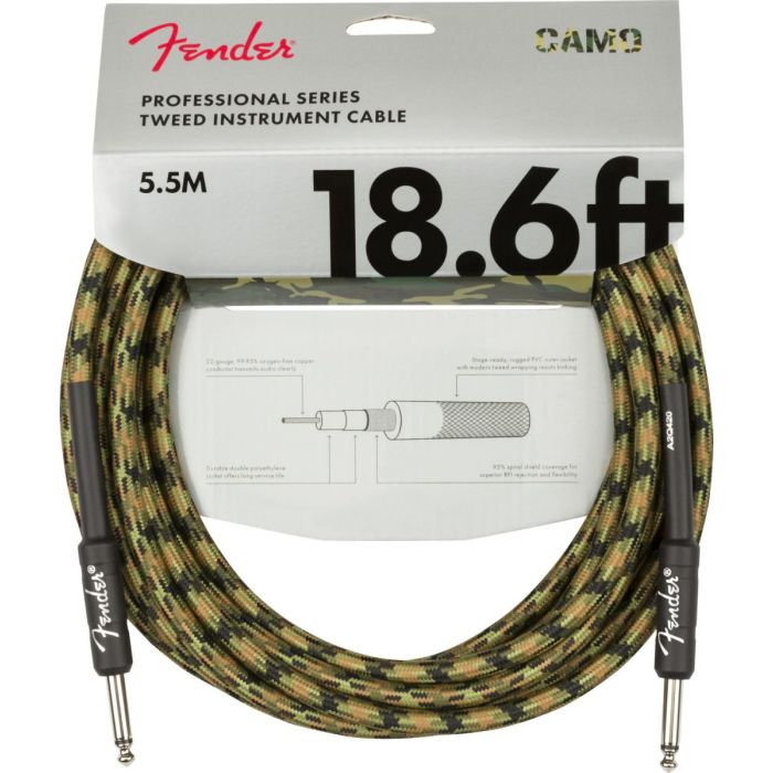 Fender Professional Series 18.6' Instrument Cable, Woodland Camo Packaging