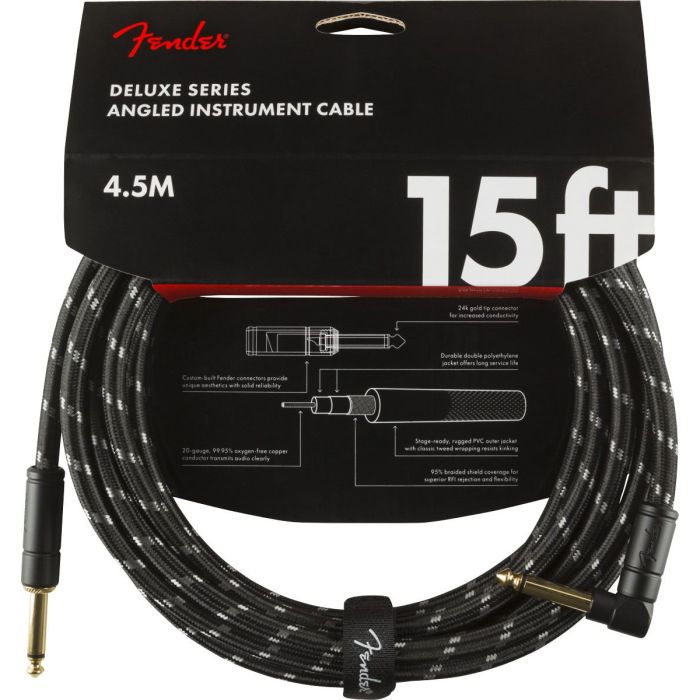 Fender Deluxe Instrument Cable, Straight/Angle, 15ft Black Tweed Packaging