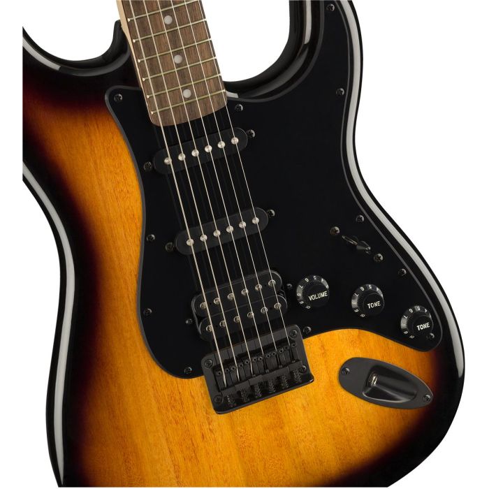 Body Front Detail of Squier FSR Bullet Stratocaster HT HSS LRL 2-Colour Sunburst, Black Hardware