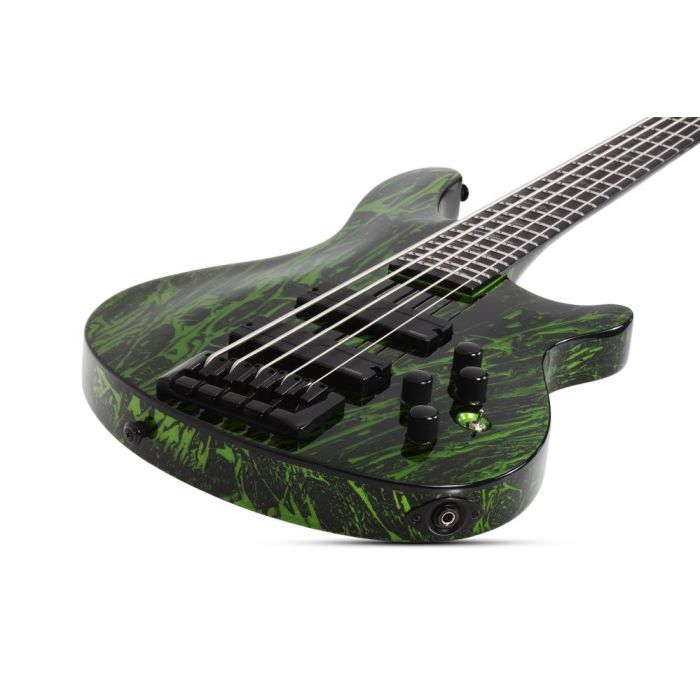 Closeup of the body on a Schecter C-5 Silver Mountain 5-String Bass, Toxic Venom