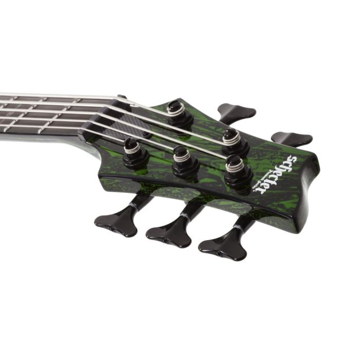 Front view of the headstock on a Schecter C-5 Silver Mountain 5-String Bass, Toxic Venom