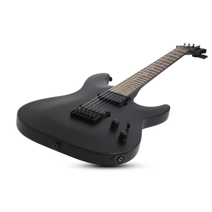 Angled view of the body on a Schecter Damien-6 Electric Guitar, Satin Black