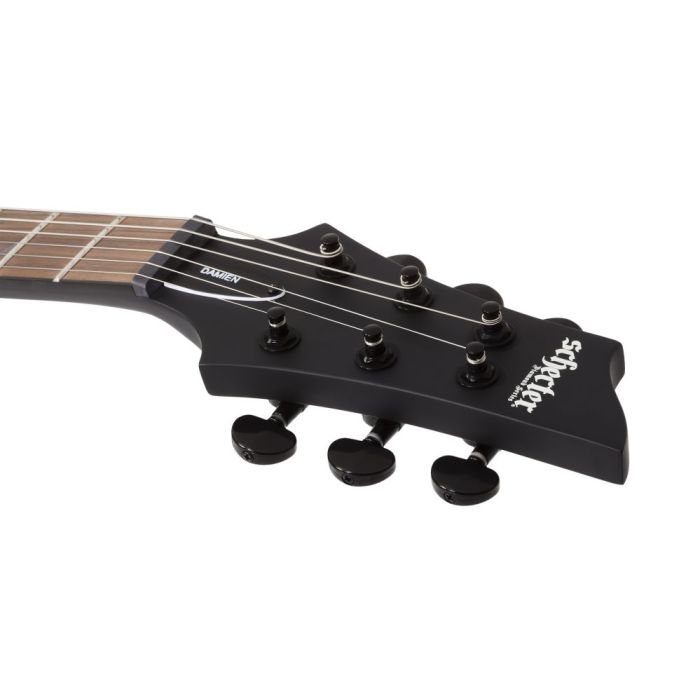 Front vie wof the headstock on a Schecter Damien-6 Electric Guitar, Satin Black