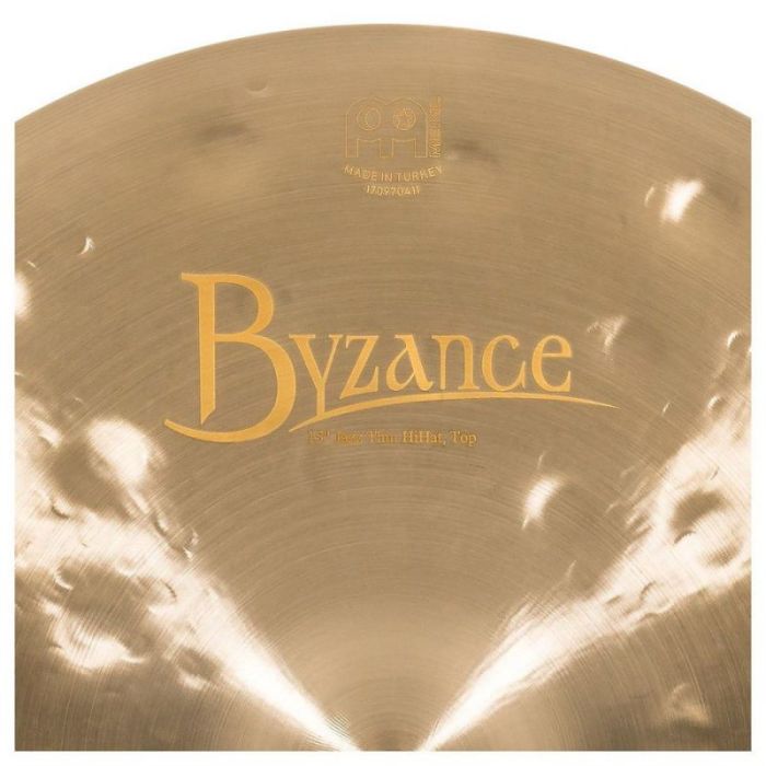 Closeup of the top logo on a Meinl Byzance Jazz 15 Inch Thin Hi-Hats set