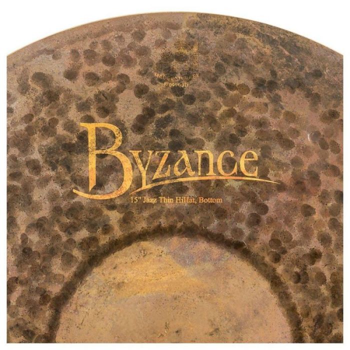 Byzance logo on the bottom half of a Meinl Byzance Jazz 15 Inch Thin Hi-Hats set