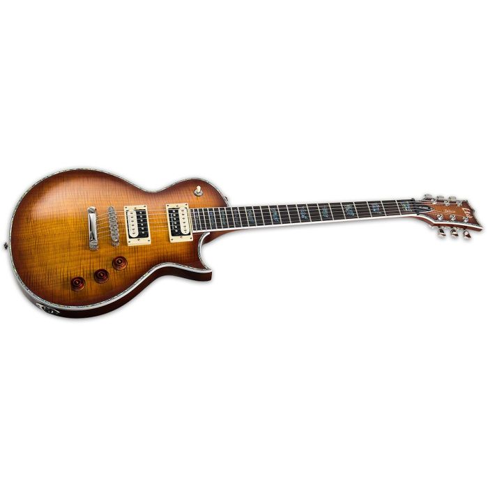 Angled view of an ESP LTD EC-1000FM Electric Guitar, Amber Sunburst