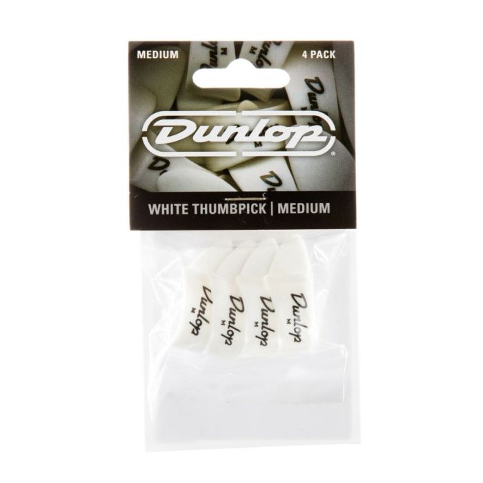 Dunlop White Thumbpick Medium, 4 Pack Packaging