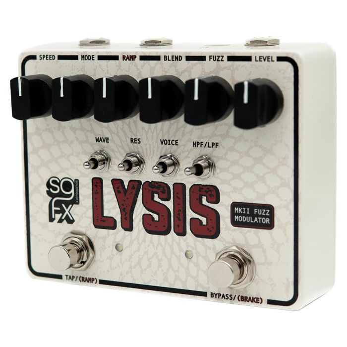 Left-angled view of a Solid Gold FX Lysis MkII Polyphonic Octave Fuzz pedal