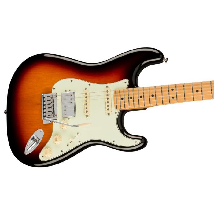 Fender Player Plus Stratocaster HSS MN 3 Color Sunburst, angled view of the body