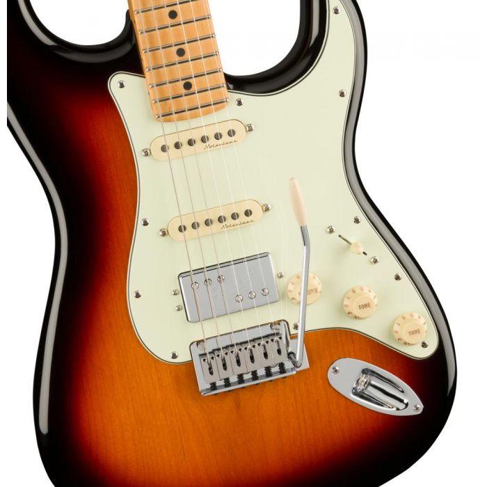 Fender Player Plus Stratocaster HSS MN 3 Color Sunburst, closeup of the body