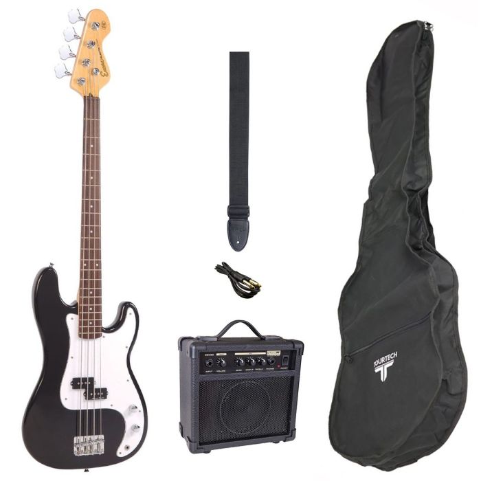 Full View of Encore Bass Guitar Package with Amp, Black