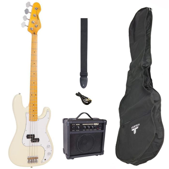 Full view of Encore Bass Guitar Package with Amp, White