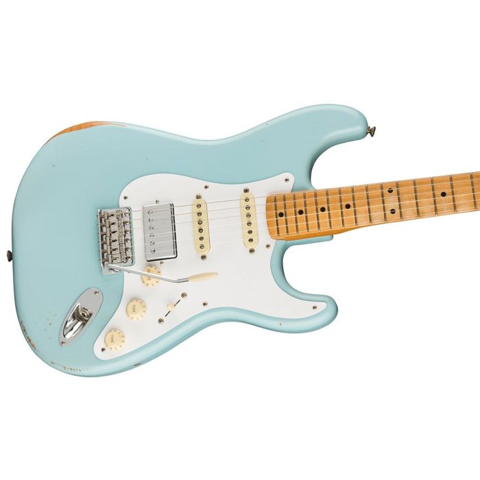 Fender FSR Vintera 50s Stratocaster HSS, Road Worn Sonic Blue body closeup
