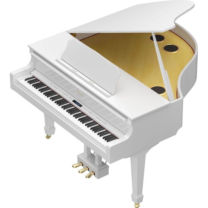 Angled view of the Roland GP609-PW Digital Grand Piano Polished White