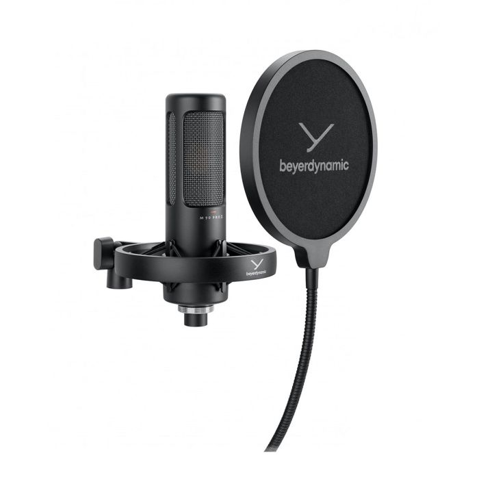 View of the Beyerdynamic M90 Pro X Condenser Microphone in the shock mount