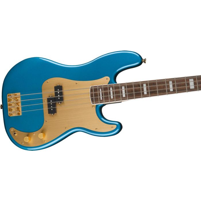 Squier 40th Anniv Precision Bass Gold Edition LFB Gold Pickguard Lake Placid Blue, angled view