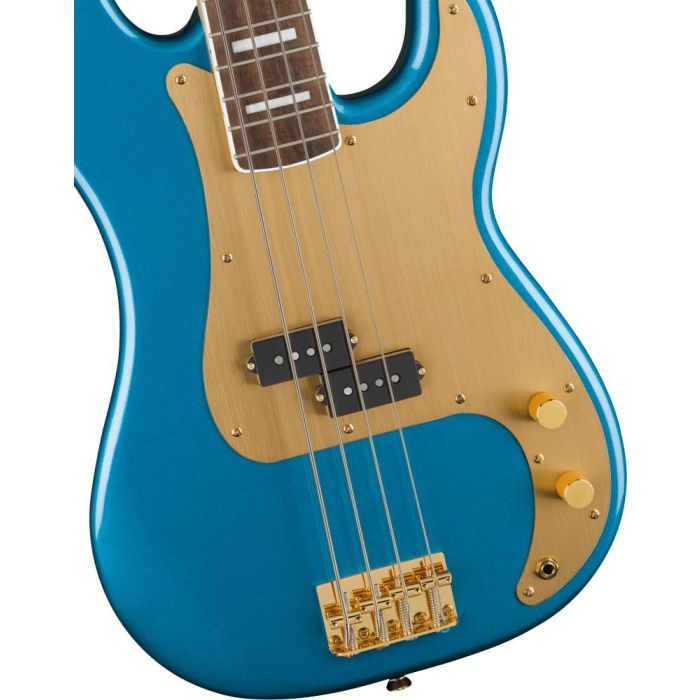 Squier 40th Anniv Precision Bass Gold Edition LFB Gold Pickguard Lake Placid Blue, body closeup