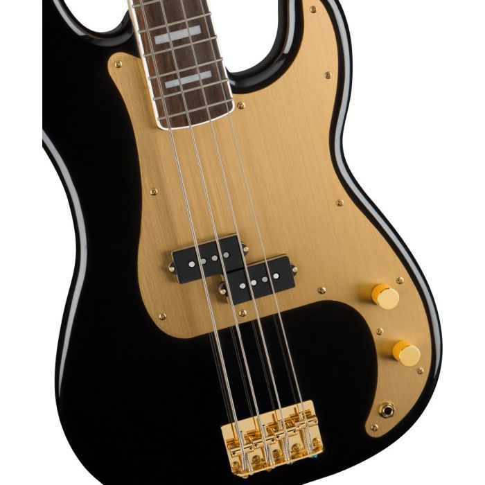 Squier 40th Anniv Precision Bass Gold Edition LFB Gold Pickguard Black, body closeup