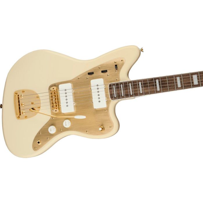 Squier 40th Anniv Jazzmaster Gold Edition LFB Gold Pickguard Olympic White, angled view