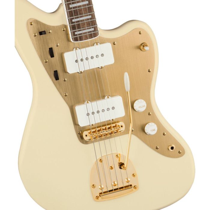 Squier 40th Anniv Jazzmaster Gold Edition LFB Gold Pickguard Olympic White, body closeup