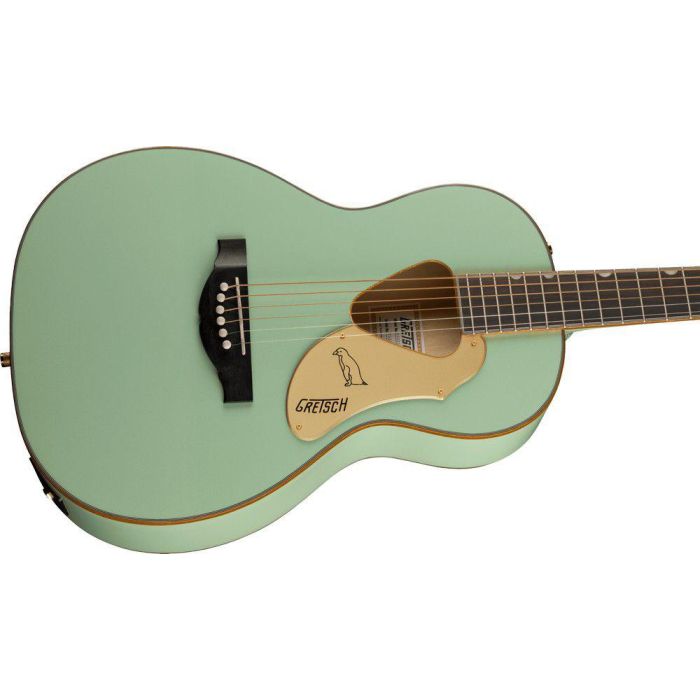 Gretsch G5021e Rancher Penguin Parlor Acoustic Electric Mint Metallic, angled view