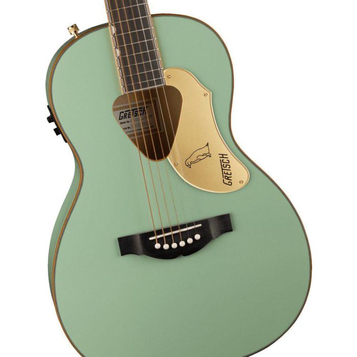 Gretsch G5021e Rancher Penguin Parlor Acoustic Electric Mint Metallic, body closeup