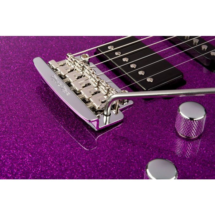 Music Man Luke 3 HSS Guitar Fuschia Sparkle, bridge closeup