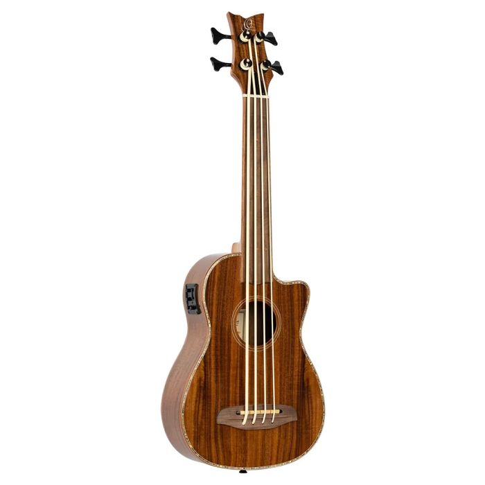 Ortega Caiman Lizard Series Short Scale Fretless Uke Bass, Natural left side angle