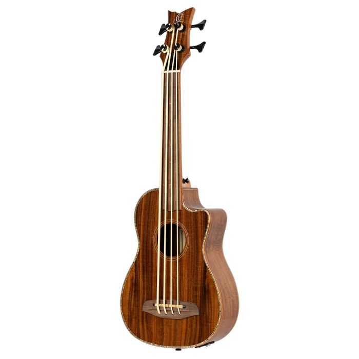 Ortega Caiman Lizard Series Short Scale Fretless Uke Bass, Natural right side angle