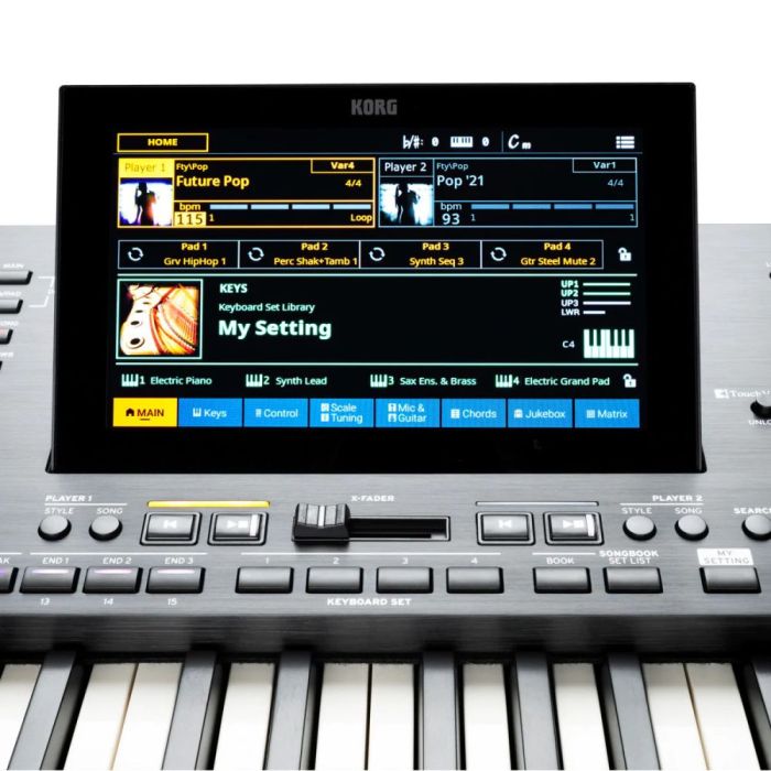 Close up view of the display on the Korg Pa5X-76 76 Note Arranger Workstation