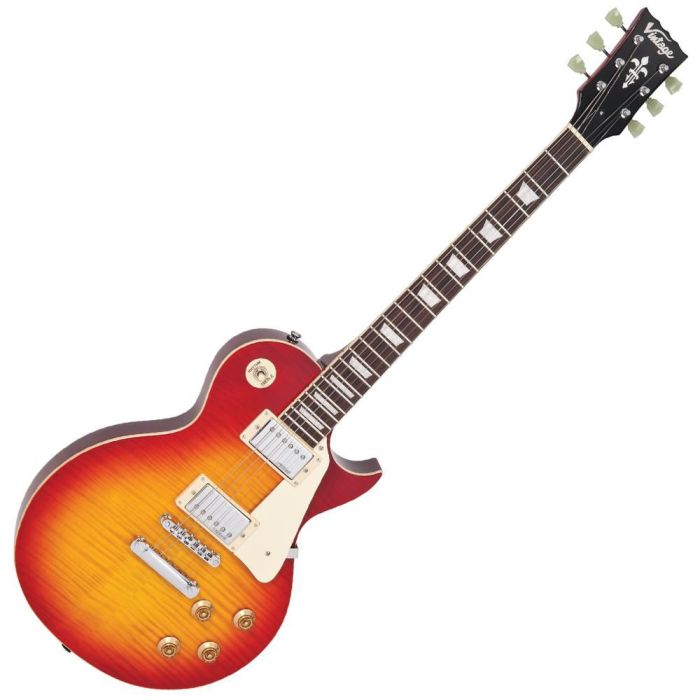 Vintage V100 Guitar Flame Cherry Sunburst, front view
