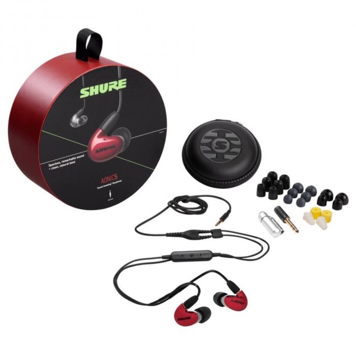 Contents included with the Shure AONIC 5 Sound Isolating Earphones, Red