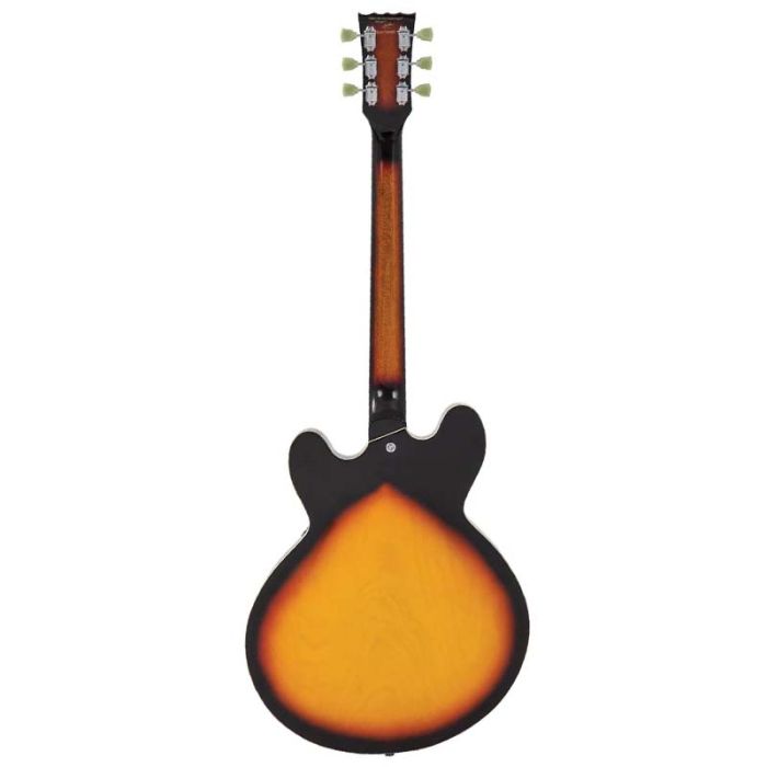 Back view of the Vintage VSA500 Re-Issued Semi Acoustic Guitar, Sunburst