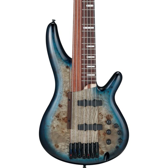 Body view of the Ibanez SRAS7-CBS 7 String Bass Guitar, Cosmic Blue Starburst