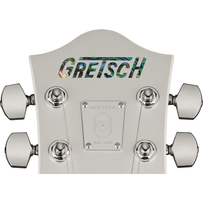 Gretsch G6118T-140 LTD 140th Anniversary, Two-Tone Pure Platinum headstock closeup