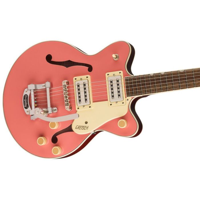 Gretsch G2655T Streamliner Center Block Jr Double Cut w Bigsby IL Coral, angled closeup view