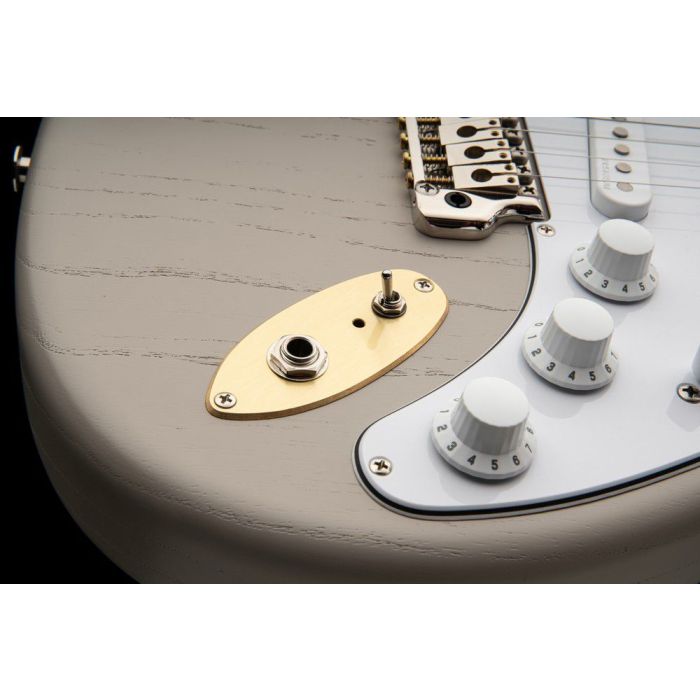 PRS Ltd Edition John Mayer Dead Spec Silver Sky, Moc Sand Satin Nitro preamp controls closeup