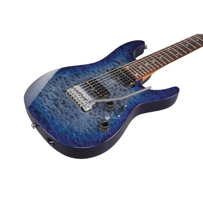 Ibanez Az427p2qm tub Twilight Blue Burst 7 String Electric Guitar W Bag, body closeup front