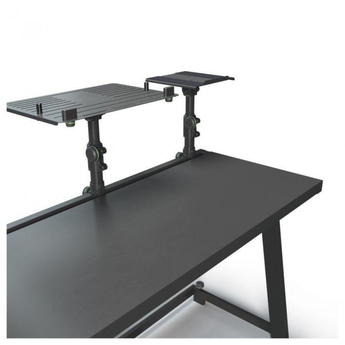 Gravity DJ Desk with Adjustable Loudspeaker and Laptop Trays up close