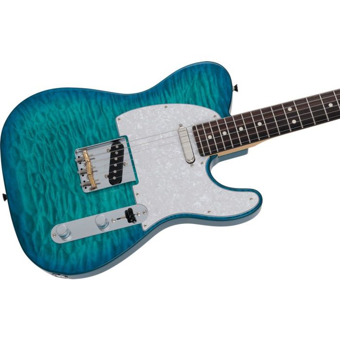 Fender MIJ Hybrid II Telecaster Electric Guitar, Quilt Aquamarine angled view