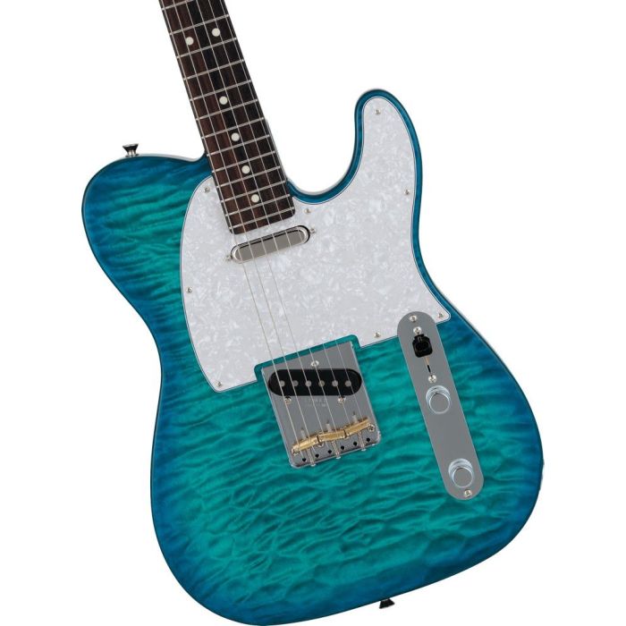 Fender MIJ Hybrid II Telecaster Electric Guitar, Quilt Aquamarine body closeup